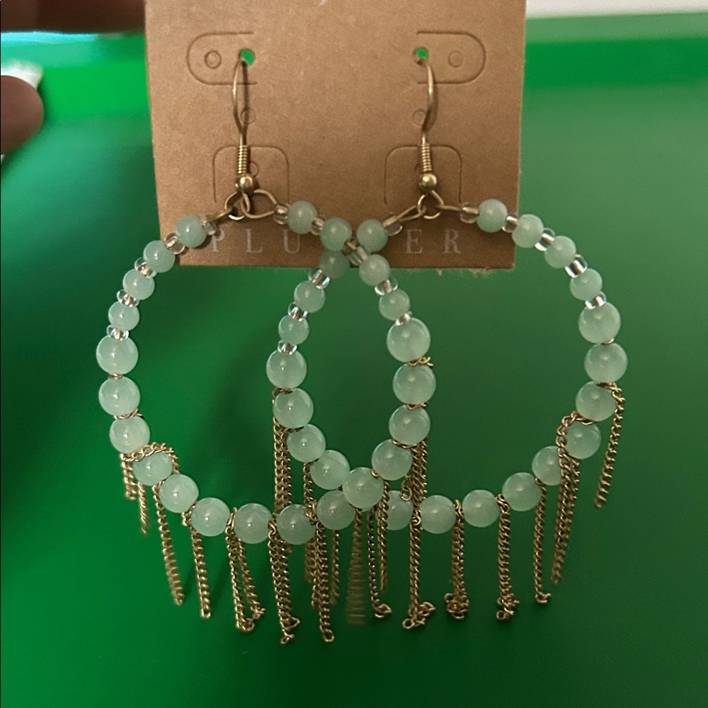 Elegant Gold and Green Beaded Hoop Earrings
